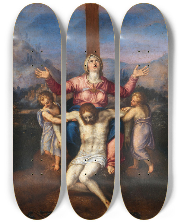 Triptych art skateboard deck of Workshop Of Marcello Venusti Piet After Michelangelo Buonarroti by Workshop Of Marcello Venusti (1512-1579)