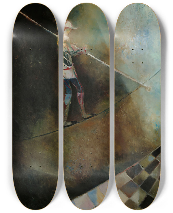 Triptych art skateboard deck of Ole Kandelin The Ropedancer by Ole Kandelin (1920-1947)