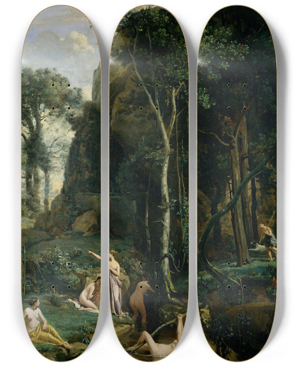 Triptych art skateboard deck of Jeanbaptistecamille Corot Diana And Actaeon Diana Surprised In Her Bath by Jean-Baptiste-Camille Corot (1796-1875)