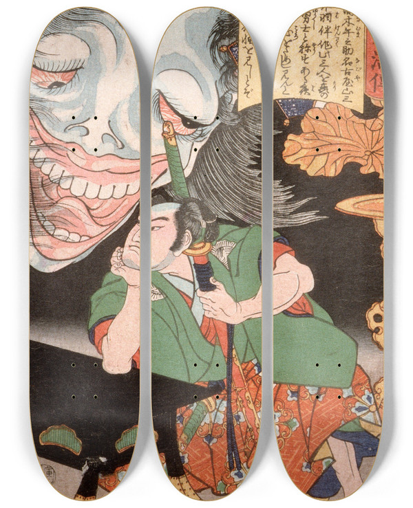 Triptych art skateboard deck of Tsukioka Yoshitoshi Takagi Umanosuke And The Ghost Of A Woman by Tsukioka Yoshitoshi (1839-1892)