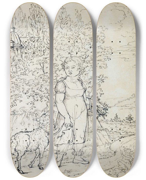 Triptych art skateboard deck of Guillaume Boichot Fillette Accompagne Dun Agneau by Guillaume Boichot (1735-1814)