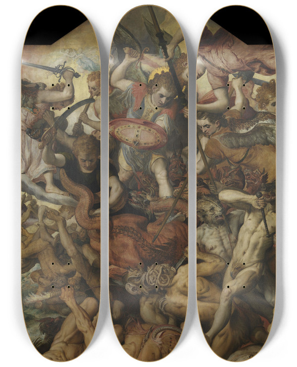 Triptych art skateboard deck of Frans Floris The Fall Of Rebelious Angels by Frans Floris (1519-1570)