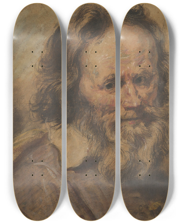 Triptych art skateboard deck of Giovanni Serodine Head Of A Bearded Man by Giovanni Serodine (1594-1631)