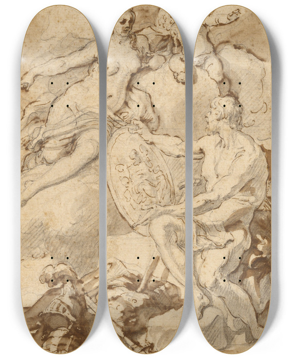 Triptych art skateboard deck of Francesco Solimena Venus Receiving From Vulcan The Arms Of Aeneas by Francesco Solimena (1657-1747)