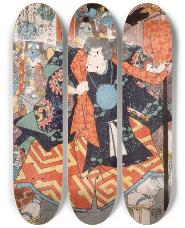 Triptych art skateboard deck of Tsukioka Yoshitoshi Koz Kiritar Young Priest Of The Tengus by Tsukioka Yoshitoshi (1839-1892)
