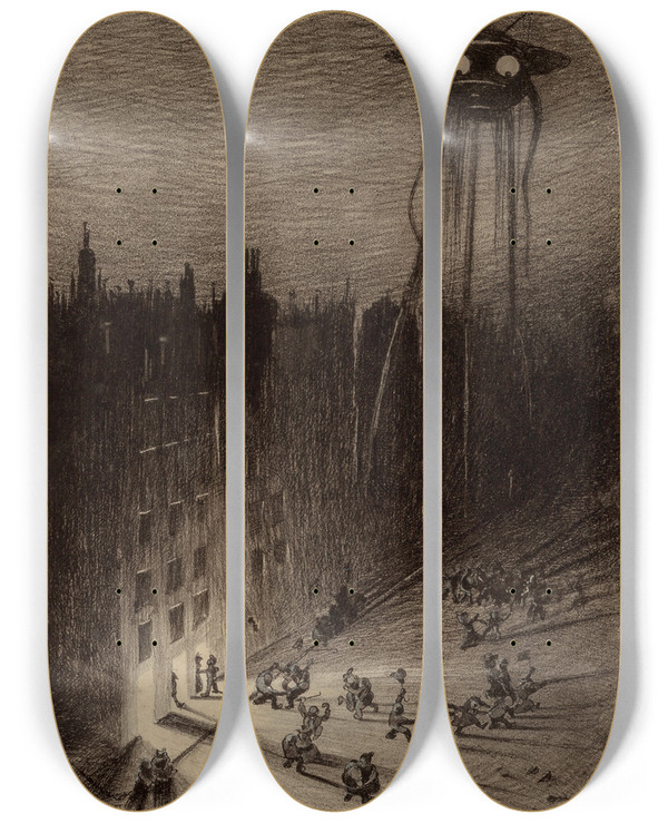 Triptych art skateboard deck of Henrique Alvim Corra Martian Viewing Drunken Crowd by Henrique Alvim Correa (1876-1910)