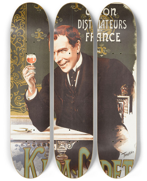 Triptych art skateboard deck of Nicolas Tamagno Union Des Distillateurs De France Kinacadet by Nicolas Tamagno (1851-1933)