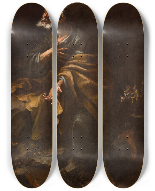 Triptych art skateboard deck of Juan De Valds Leal Saint Peter Repentant by Juan de Valds Leal (1622-1690)