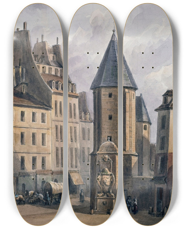 Triptych art skateboard deck of Augustesbastien Bnard Tour Dalexandre Restes De Labbaye Saint Victor Tour Dangle Des Btiments Abbatiaux_2 by Auguste-Sbastien Bnard (1810-1873)
