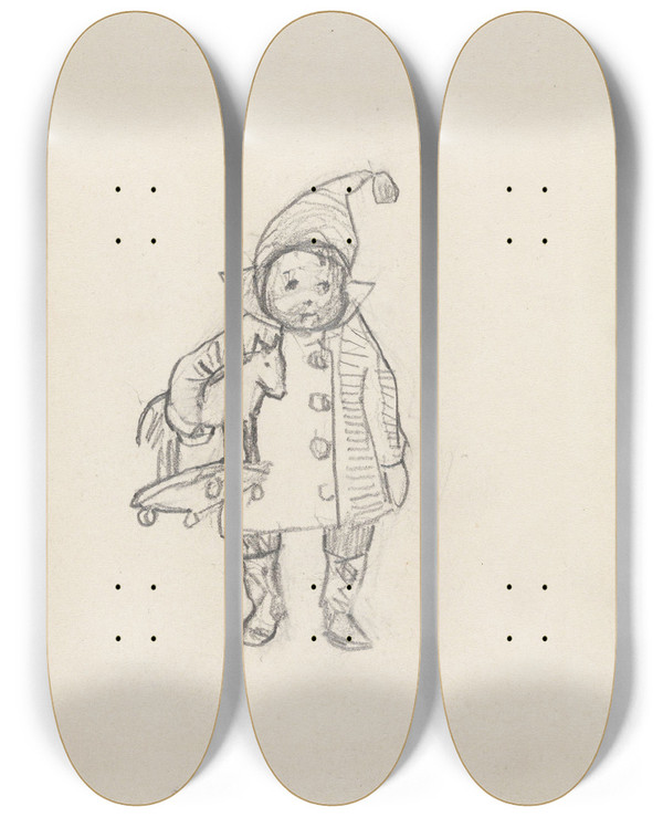 Triptych art skateboard deck of Christian Krohg Liten Gutt Med Gyngehest by Christian Krohg (1852-1925)