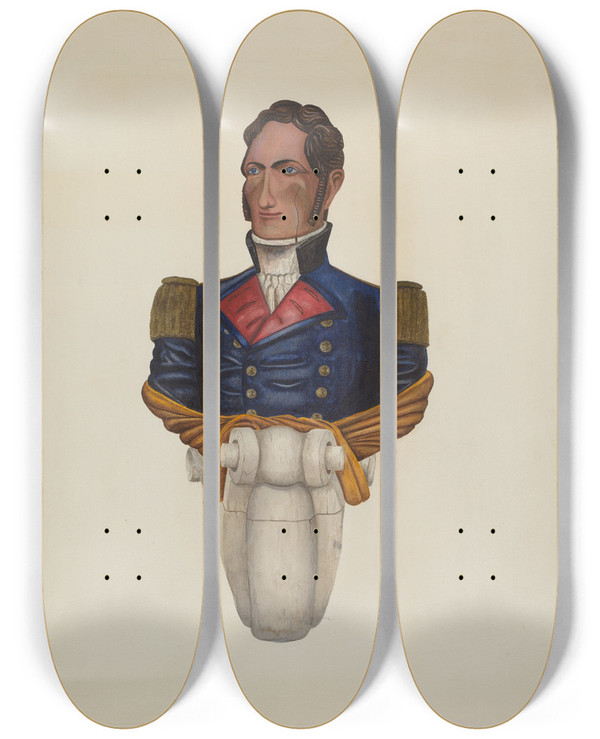 Triptych art skateboard deck of Fw Powell Commodore Morris Figurehead by F.W. Powell