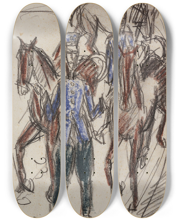 Triptych art skateboard deck of Ernst Ludwig Kirchner Zwei Reitende Artilleristen Mit Drei Pferden by Ernst Ludwig Kirchner (1880-1938)