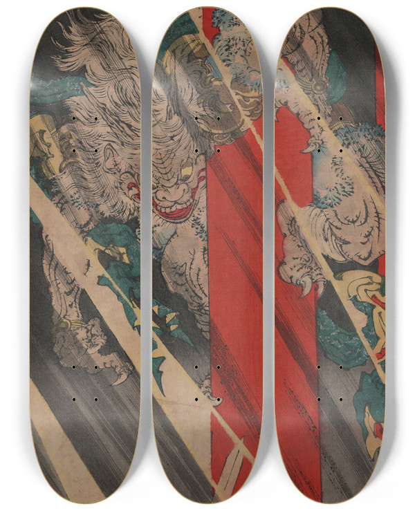 Triptych art skateboard deck of Tsukioka Yoshitoshi Rajmon Watanabe No Tsuna Oni Ude Kiru No Zu_2 by Tsukioka Yoshitoshi (1839-1892)