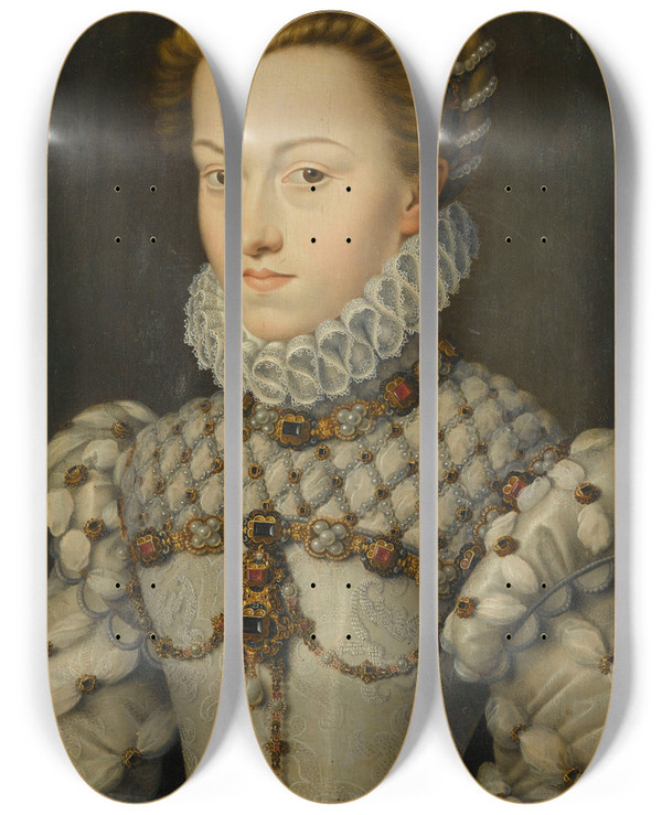 Triptych art skateboard deck of Franois Clouet Elisabeth Of Austria Queen Of France by Francois Clouet (1536-1572)