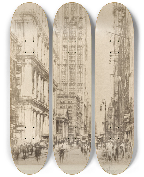 Triptych art skateboard deck of William Walcot Lower Broadway Downtown New York by William Walcot (1874-1943)