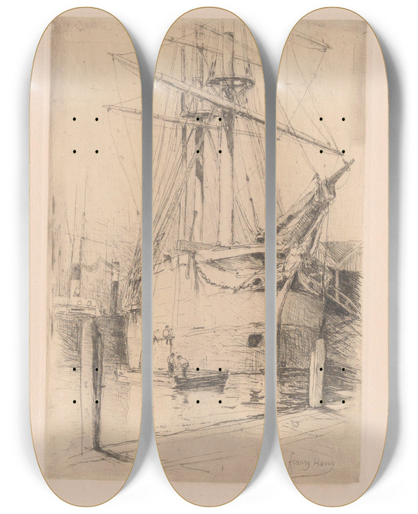 Triptych art skateboard deck of Frans Hens Sailingboat At The Quay by Frans Hens (1856-1928)