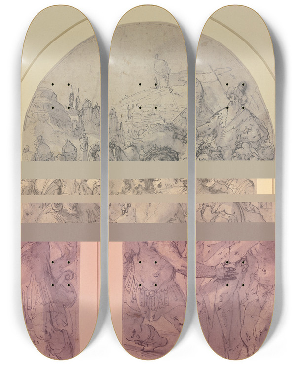 Triptych art skateboard deck of Caspar Fraisinger Divestment Of Christ by Caspar Fraisinger (1560-1599)