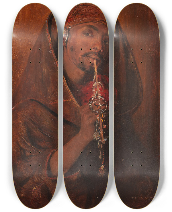 Triptych art skateboard deck of Gyula Tornai The Smoker by Gyula Tornai (1861-1928)