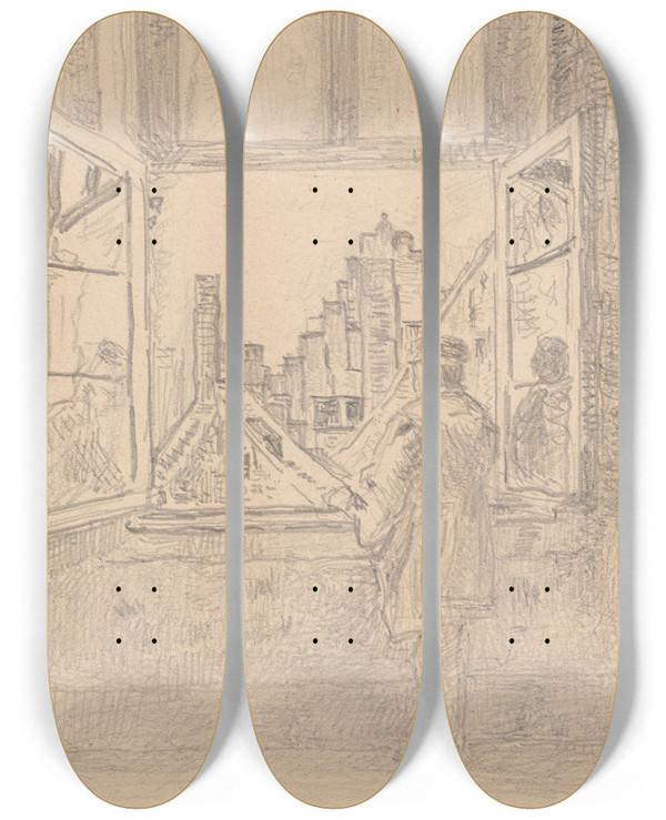 Triptych art skateboard deck of Henri De Braekeleer Man At The Window_2 by Henri de Braekeleer (1840-1888)