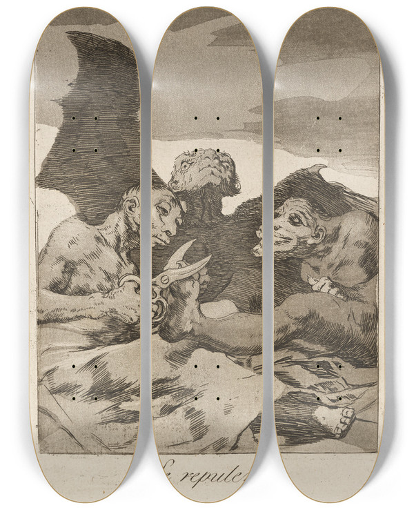 Triptych art skateboard deck of Francisco De Goya Se Repulen They Spruce Themselves Up by Francisco de Goya (1746-1828)