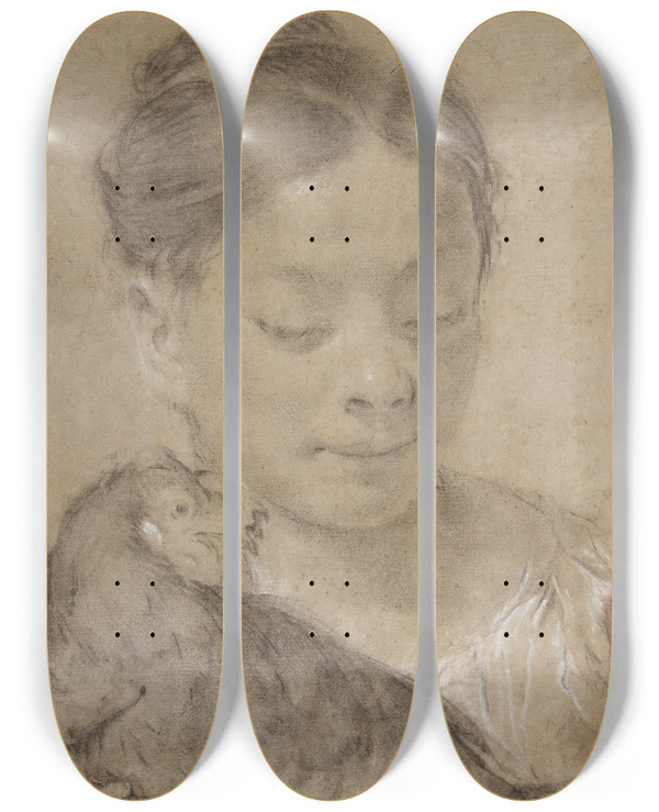 Triptych art skateboard deck of Giovanni Battista Piazzetta Girl With A Hen by Giovanni Battista Piazzetta (1682-1754)