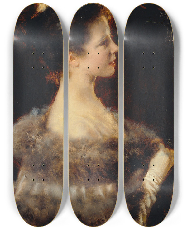Triptych art skateboard deck of Rom Ribera Woman In Evening Gown by Roma Ribera (1849-1935)