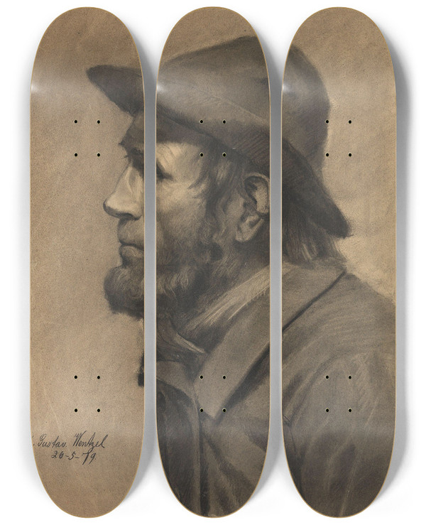 Triptych art skateboard deck of Gustav Wentzel Bearded Man With Hat by Gustav Wentzel (1859-1927)
