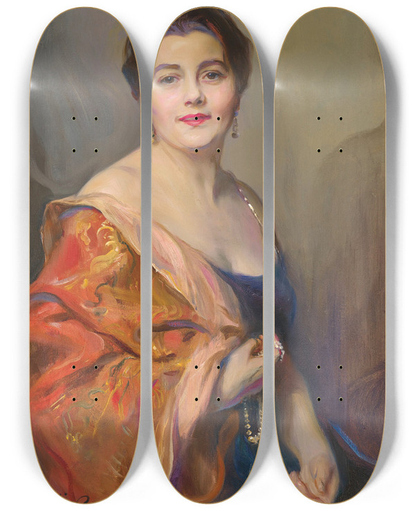 Triptych art skateboard deck of Philip Alexius De Lszl Portrait Of Mrs Robert Celestin Guinness Dickie by Philip Alexius de Lszl (1869-1937)
