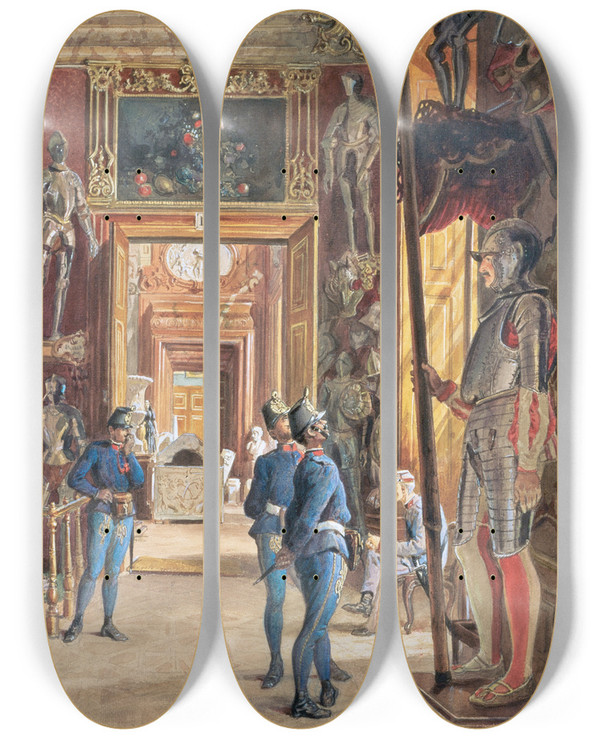 Triptych art skateboard deck of Carl Goebel The Younger Eingang In Die I Rstkammer by Carl Goebel The Younger (1824-1899)