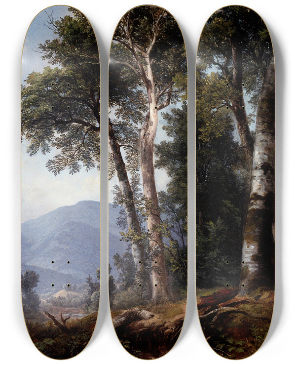 Triptych art skateboard deck of Asher Brown Durand Woodland Landscape by Asher Brown Durand (1796-1886)