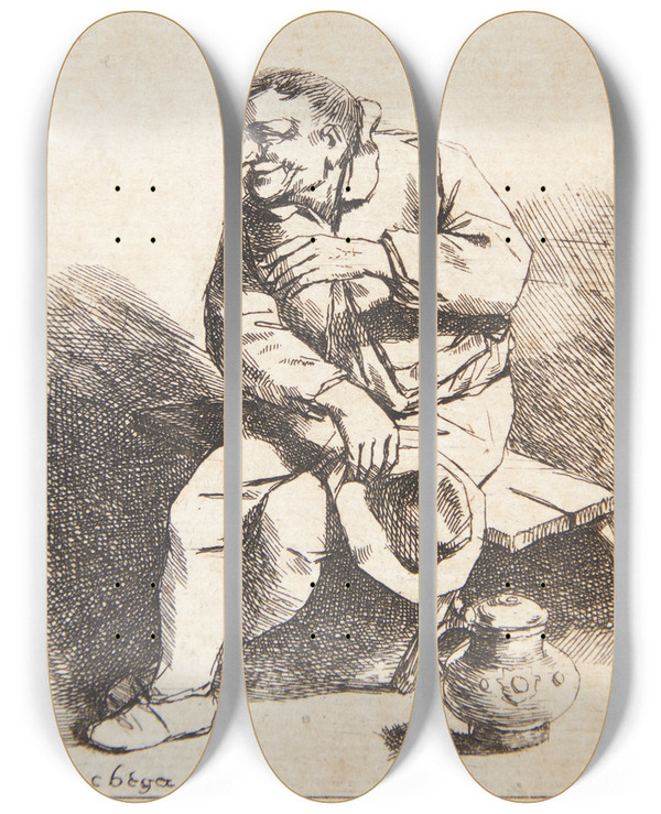 Triptych art skateboard deck of Cornelis Pietersz Bega Siddende Mand Med Sin Hat I Hjre Hnd by Cornelis Pietersz Bega (1631-1664)