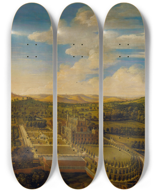 Triptych art skateboard deck of Jan Siberechts Wollaton Hall And Park Nottinghamshire by Jan Siberechts (1627-1703)