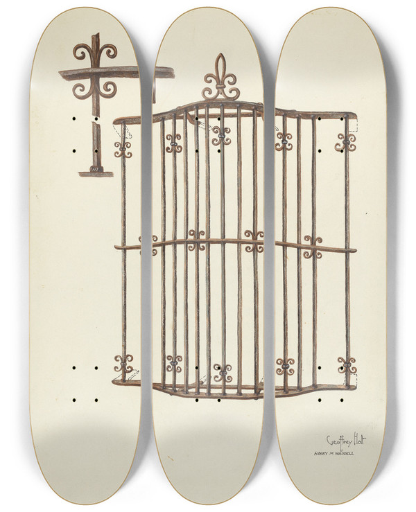 Triptych art skateboard deck of Geoffrey Holt And Harry Mann Waddell Iron Grille At Window Restoration Drawing by Geoffrey Holt And Harry Mann Waddell