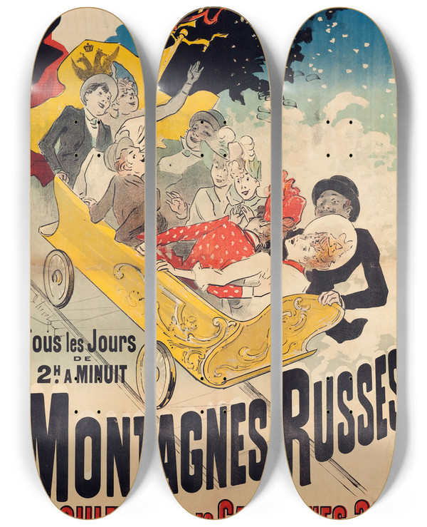 Triptych art skateboard deck of Jules Chret Montagnes Russes by Jules Cheret (1836-1932)