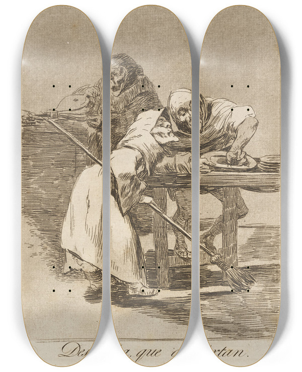 Triptych art skateboard deck of Francisco De Goya Despacha Que Dispirtan Be Quick They Are Waking Up by Francisco de Goya (1746-1828)