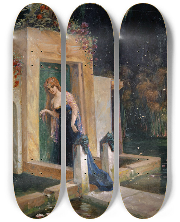 Triptych art skateboard deck of Johann Jakob Schneider Vivian At Merlins Tomb by Johann Jakob Schneider (1822-1889)