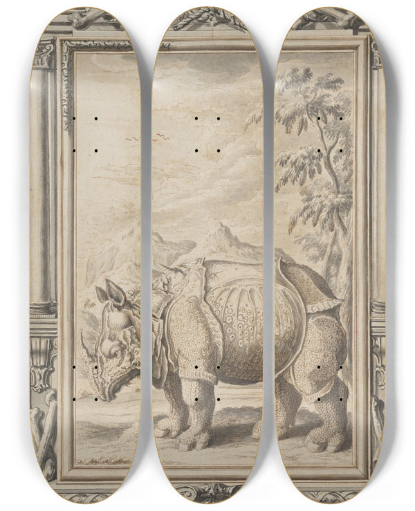 Triptych art skateboard deck of Johann Melchior Fssli Rhinoceros In A Landscape Within An Ornamental Frame by Johann Melchior Fussli (1677-1736)