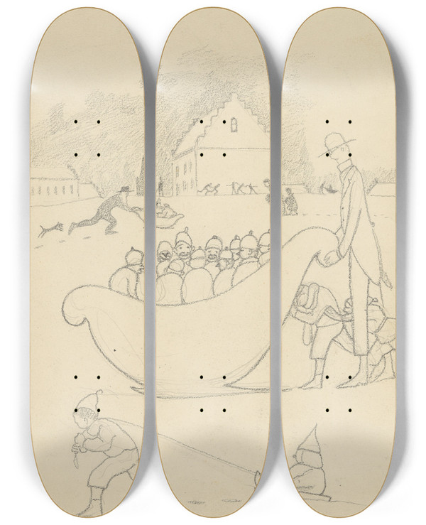 Triptych art skateboard deck of Lon Spilliaert Les Plaisirs De La Glissade Au Traneau_2 by Leon Spilliaert (1881-1946)