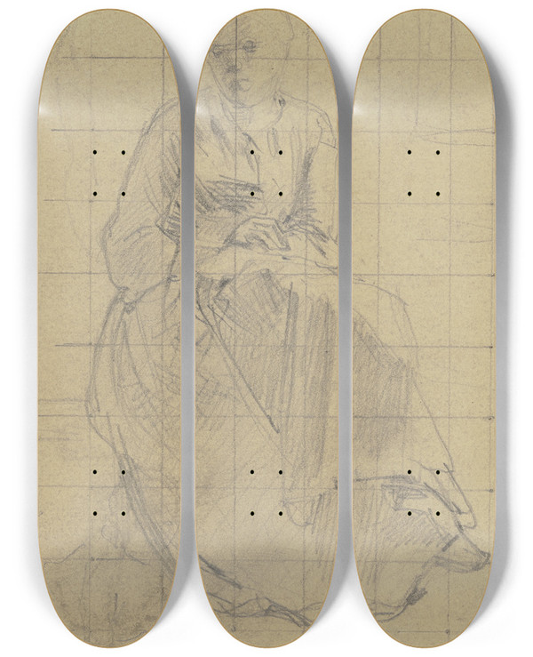 Triptych art skateboard deck of Philipp Rumpf Sitzende Frau Die Hnde In Den Scho Gelegt by Philipp Rumpf (1821-1896)