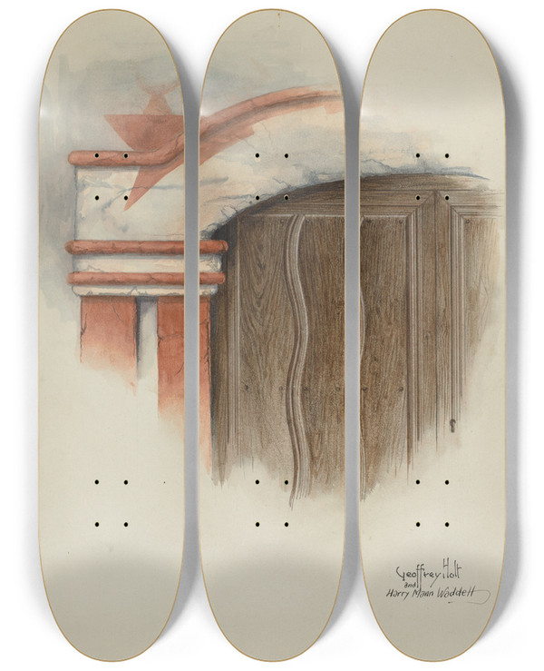 Triptych art skateboard deck of Geoffrey Holt And Harry Mann Waddell Restoration Drawing Detail Of Arch Main Doorway And Door Missionhouse by Geoffrey Holt And Harry Mann Waddell