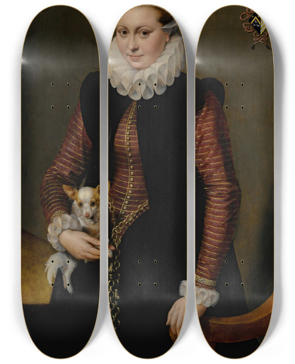 Triptych art skateboard deck of Frans Pourbus The Elder Portrait Of A Young Woman Aged 17 by Frans Pourbus The Elder (1523-1584)