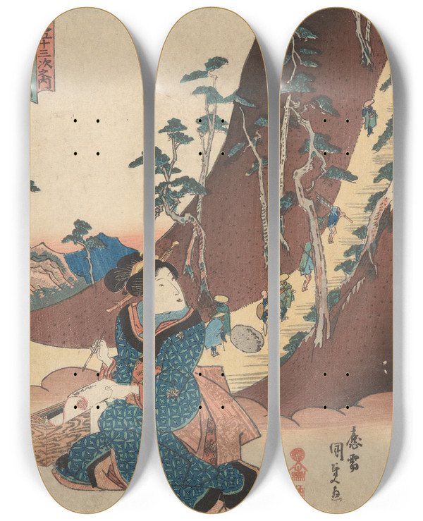 Triptych art skateboard deck of Utagawa Kunisada Toyokuni Iii Woman At The Foot Of A Mountain Path In Hizaka by Utagawa Kunisada (Toyokuni III) (1786-1865)