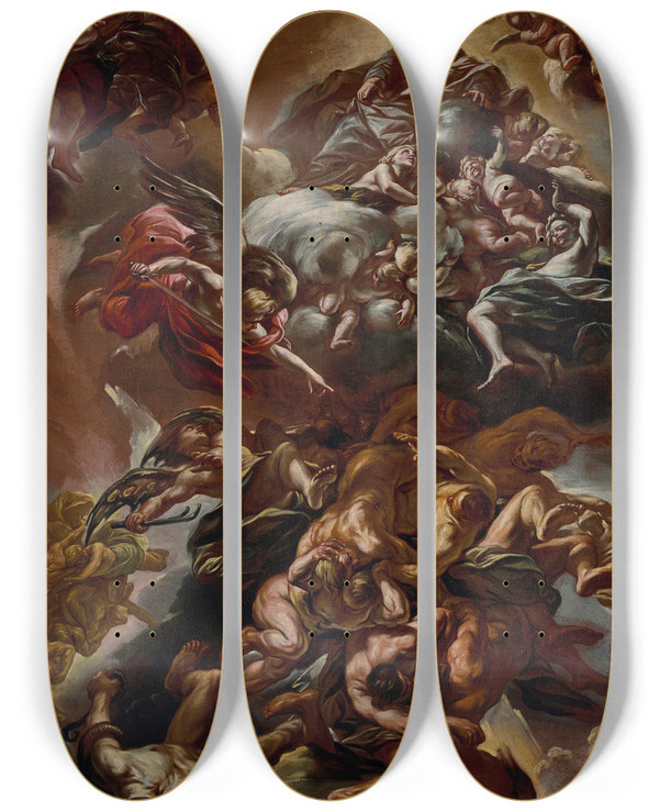 Triptych art skateboard deck of Giovanni Battista Beinaschi The Fall Of The Rebel Angels by Giovanni Battista Beinaschi (1636-1688)
