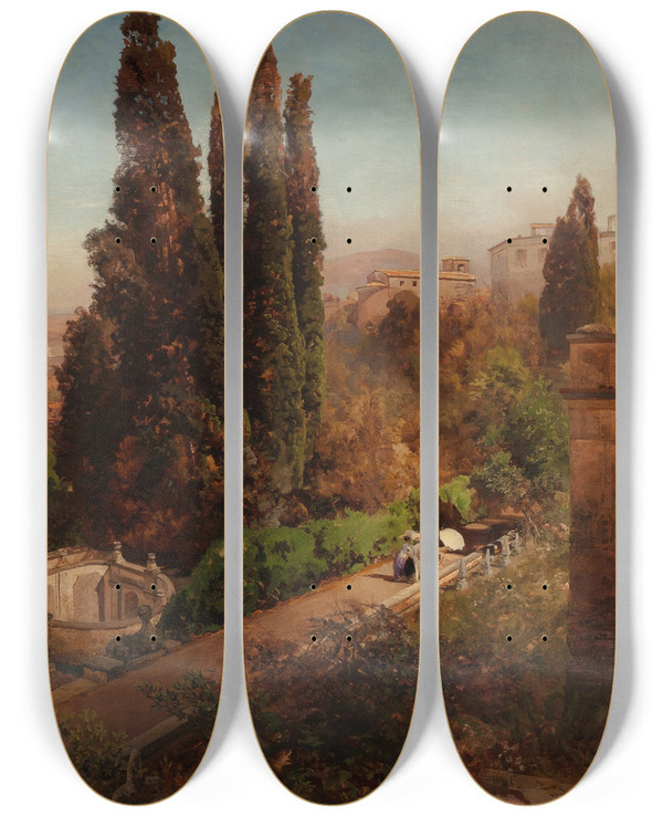 Triptych art skateboard deck of Oswald Achenbach View From High In The Gardens Of Villa Torlonia Frascati Rome by Oswald Achenbach (1827-1905)