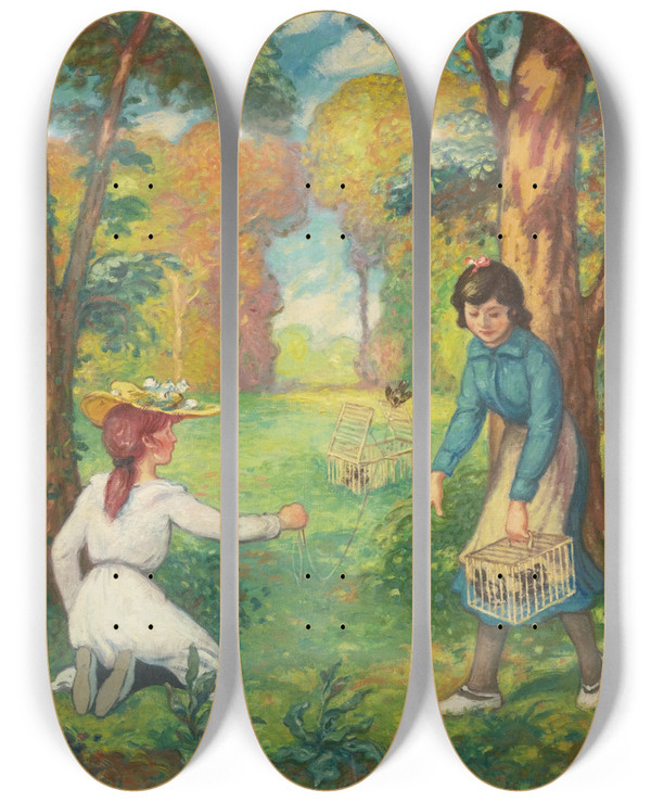 Triptych art skateboard deck of Georges Despagnat Le Pige Oiseaux by Georges d'Espagnat (1870-1950)