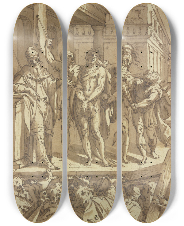 Triptych art skateboard deck of Bartolomeo Passarotti Ecce Homo_2 by Bartolomeo Passarotti (1529-1592)
