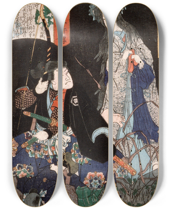 Triptych art skateboard deck of Tsukioka Yoshitoshi The Ghost Of Yaehatahime And Akamatsu Jtamaru Takanori by Tsukioka Yoshitoshi (1839-1892)