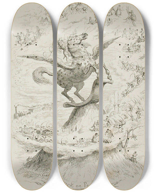 Triptych art skateboard deck of George Cruikshank Puck On Pegasus_1 by George Cruikshank (1792-1878)