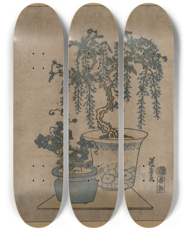 Triptych art skateboard deck of Keisai Eisen Fuji No Hachiuei by Keisai Eisen (1790-1848)