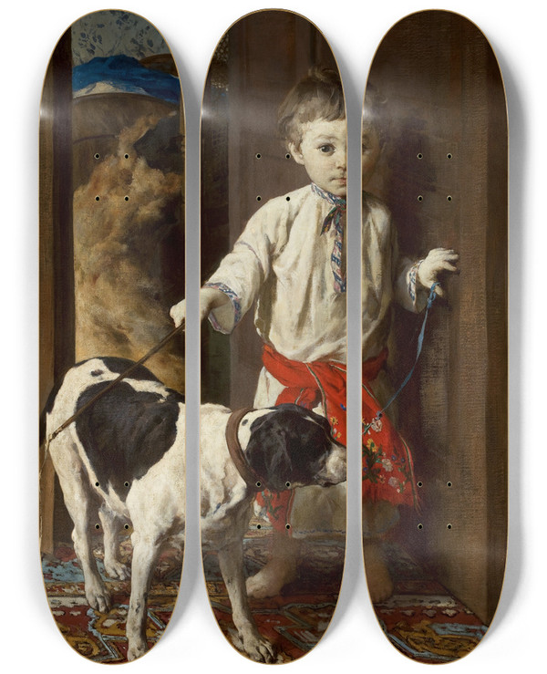 Triptych art skateboard deck of Witold Pruszkowski Artists Son With A Dog by Witold Pruszkowski (1846-1896)